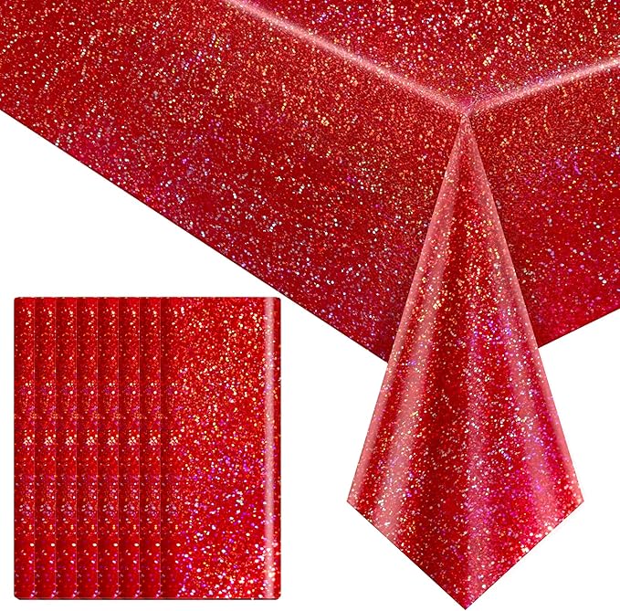 8 pcs Red Holographic Laser Tablecloths for Parties 40" x 108" Table Cloth Iridescence Shining Table Decoration For Valentines Galentines Day Princess Graduation Christmas Birthday Party Supplies