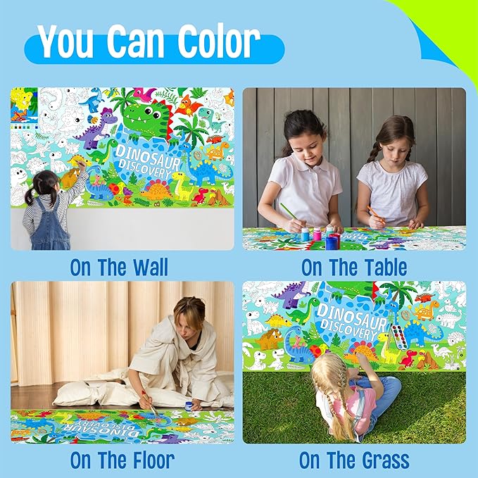 Dinosaur Coloring Poster, Large Coloring Activity Paper 75” x 31” Jumbo Size Giant Party Paper DIY Painting Drawing Banner/Tablecloth for School, Wall Decor