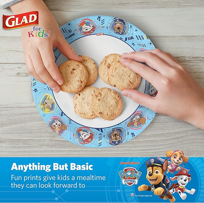 Glad for Kids Paw Patrol Disposable Paper Plates, Heavy Duty Soak Proof Microwavable Kids Plates for Parties, Birthdays, and Everyday Meals, Core Pups Blue, 8.5 Inch, 20 Count