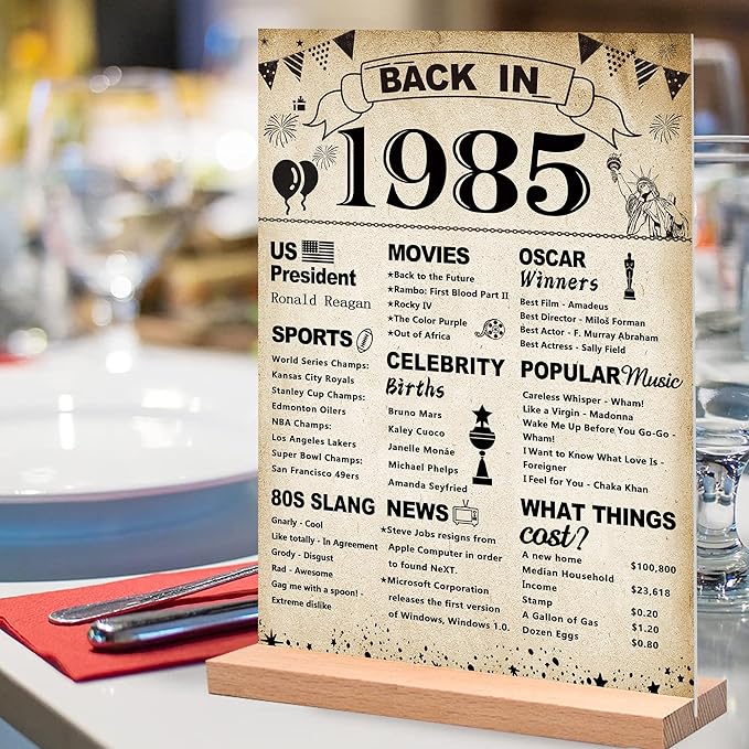 DARUNAXY 41st Birthday Party Decorations, Vintage Back in 1985 Poster Acrylic Sign with Stand 41 Year Old Party Supplies for Men& Women Vintage 1985 Table Decor 41st Anniversary Class Reunion Gifts