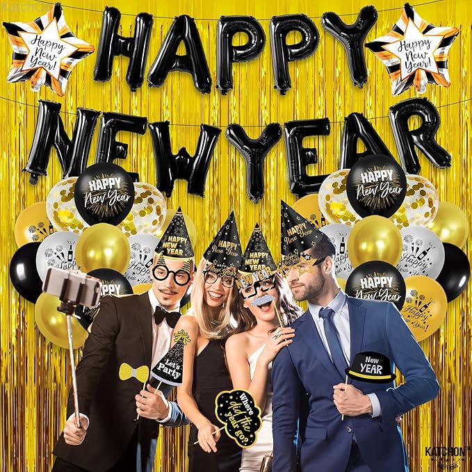 KatchOn, New Years Eve Party Supplies 2026 - Huge, Set of 110 | Black Happy New Year Balloon Banner | New Years Photo Booth Props, Gold Fringe Curtain Backdrop | NYE Decorations 2026
