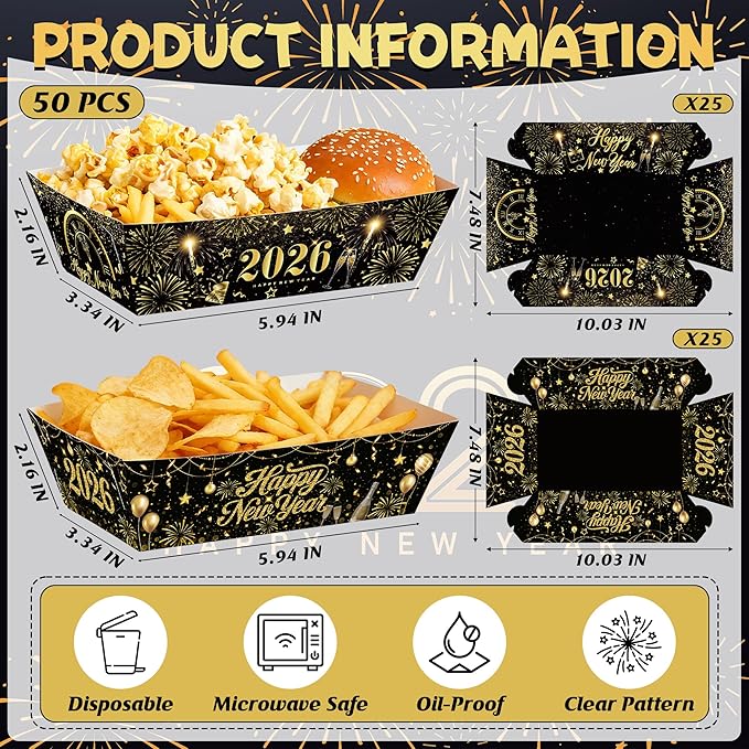 50Pcs New Year Eve Food Trays, 5.94" x 3.34" x 2.16" NYE Party Supplies 2026 Food Boats, Black Gold Serving Trays for Hot Dog Popcorn Taco, Disposable Snack Boats for New Year Decorations
