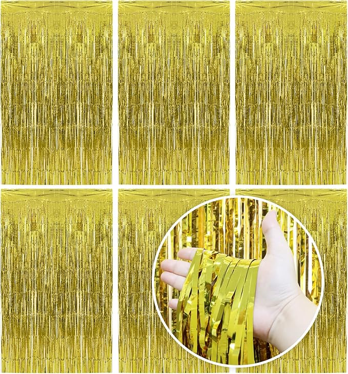 Homiest 6 Pack Gold Tinsel Backdrop, 3.3x6.6 FT Metallic Tinsel Foil Fringe Curtains Party Decorations, Birthday Door Streamers for Baby Shower Wedding, Photo Booth Props Background Wall Decor