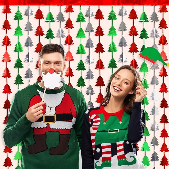 Christmas Party Decorations 3 Pack Christmas Foil Fringe Curtains 3.3 X 6.6 ft Red Green Silver Tinsel Curtain Xmas Fringe Streamer Backdrop Photo Backdrop for Ugly Sweater Party Decorations