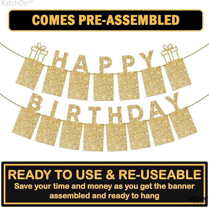 KatchOn, Glitter Gold Happy Birthday Banner - Big 10 Feet, Preassembled | Gold Happy Birthday Picture Banner for Happy Birthday Decorations | Gold Party Decorations