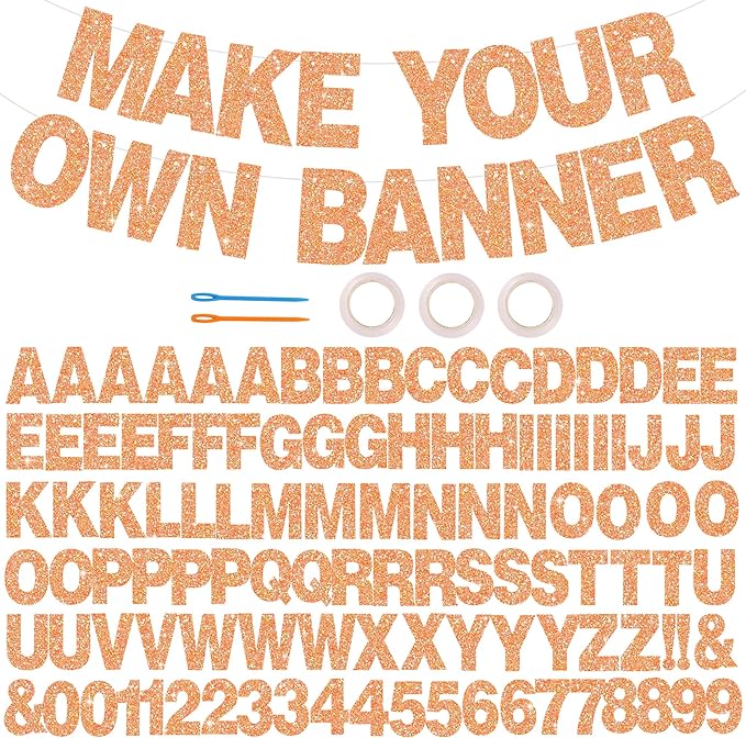 BEISHIDA 116 PCS A-Z DIY Letter Banner Kit Make Your Own Banner Glitter Light Orange Including 111 Letters and Numbers 3 Rope and 2 Threading Device,Customized for Birthday Graduation Party Decor