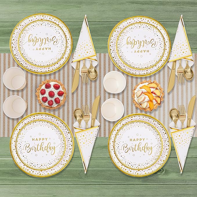175PCS Happy Birthday Plates and Napkins Party Supplies, Gold Dot Paper Plates and Napkins with Gold Plastic Forks Knives Spoons Serve 25 Guests for Birthday Party Decorations