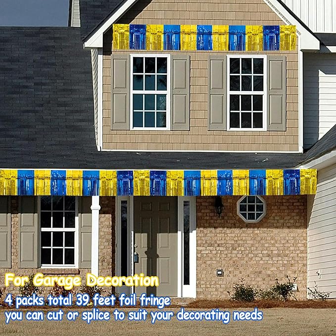 4 Packs Total 39 Ft Graduation Parade Floats for Trailer Car, Blue Gold Foil Fringe Garland Tinsel Streamers Banner Table Skirts for Graduation Homecoming Birthday Party (Royal Blue Gold)