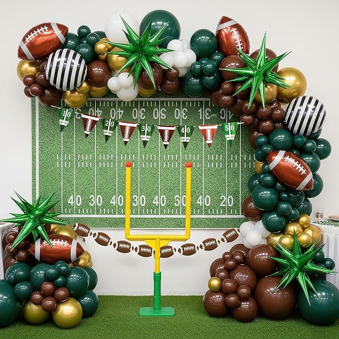 Football homecoming Balloon with Green White Gold Balloons with large star stripe Foil balloons and Football Banner for sport theme tailgate super league touch down birthday decorations
