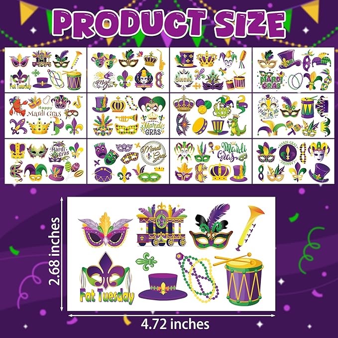 12 Sheets Mardi Gras Tattoos, Mardi Gras Stickers Accessories, New Orleans Carnival Party Favors Crown Mask Tattoos Stickers for Fat Tuesday Parades Masquerade Decorations