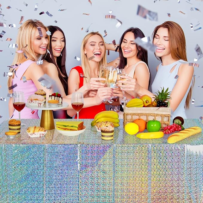 FunnyPars 4 Pack Iridescent Plastic Tablecloths Shiny Disposable Laser Rectangle Table Covers Holographic Foil Tablecloth Iridescent Party Decoration Birthday Bridal Wedding Christmas 54"x108"(Silver)