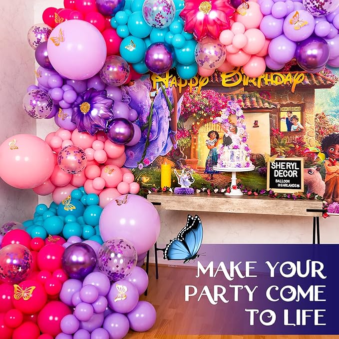 ALL-IN-1 Purple Blue Pink Balloon Arch Kit with BONUS Flower – Different Sizes Teal, Pink, Purple & Confetti balloons for Kid Magic Baby Shower Birthday Engagement Party Decorations & Party Supplies