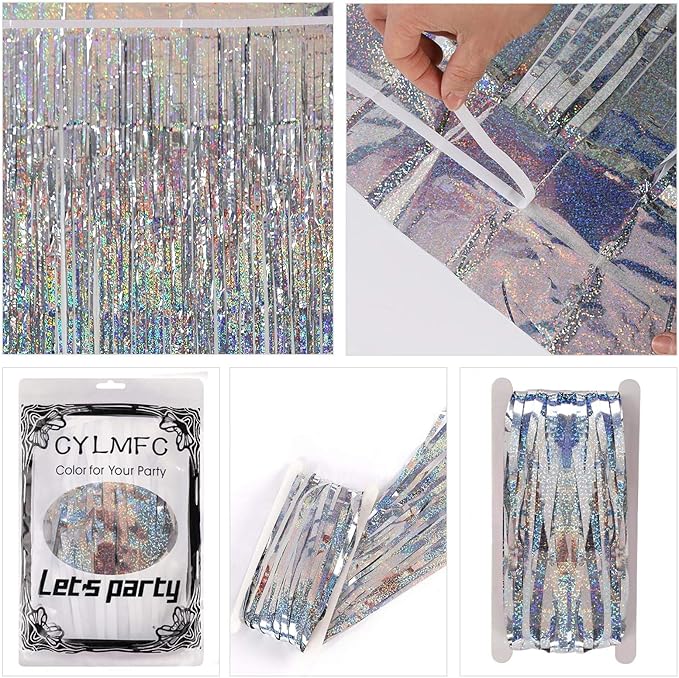 Foil Fringe Curtains - 2 Packs 3ftx8ft Sparkle Metallic Curtains Party Decorations Photo Booth Decorations Party Supplier - Sliver
