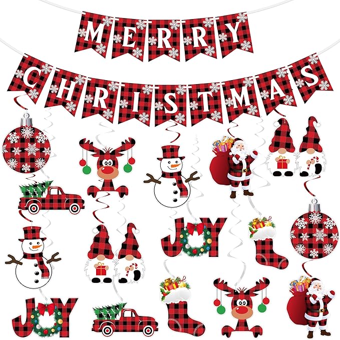 Christmas Hanging Swirls Decorations - NO DIY - Buffalo Plaid Merry Christmas Banner Christmas Ceiling Hanging Streamers, Xmas Hanging Decorations Indoor for Office Christmas Holiday Party Decorations