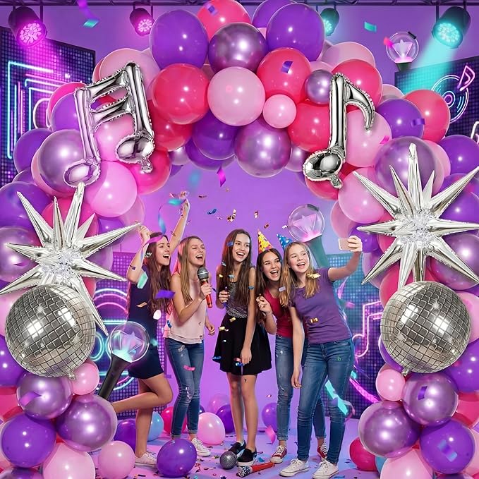 Sumind 144 Pcs K pop Party Decorations with Pink Purple Metallic Music Balloon Garland Arch Kit, K Pop Music Themed Birthday Decoration for Fans Themed Birthday Concert Stage Backdrop Party Decor
