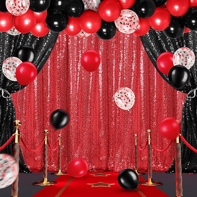 137 Pcs Red Black Party Backdrop Kits, 4 Sequin Backdrop Curtain 133 Balloon Arch Kit Garland Photo Background for Graduation Prom Wedding Anniversary Birthday Movie Night Decor