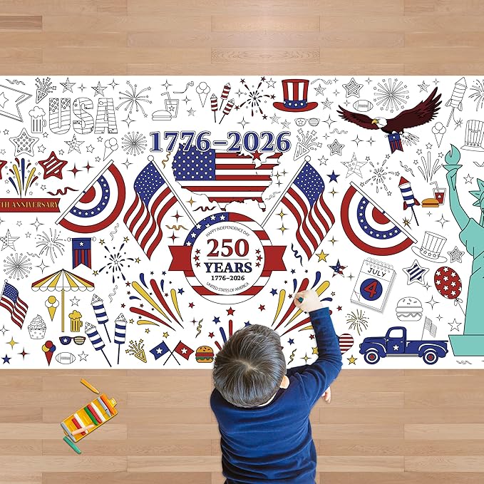 OHOME 4th of July Giant Coloring Poster/Tablecloth - 250 America Anniversary USA Decorations,Kids July 4th Crafts Games Activities Toys Decor Party Decor for Classroom School
