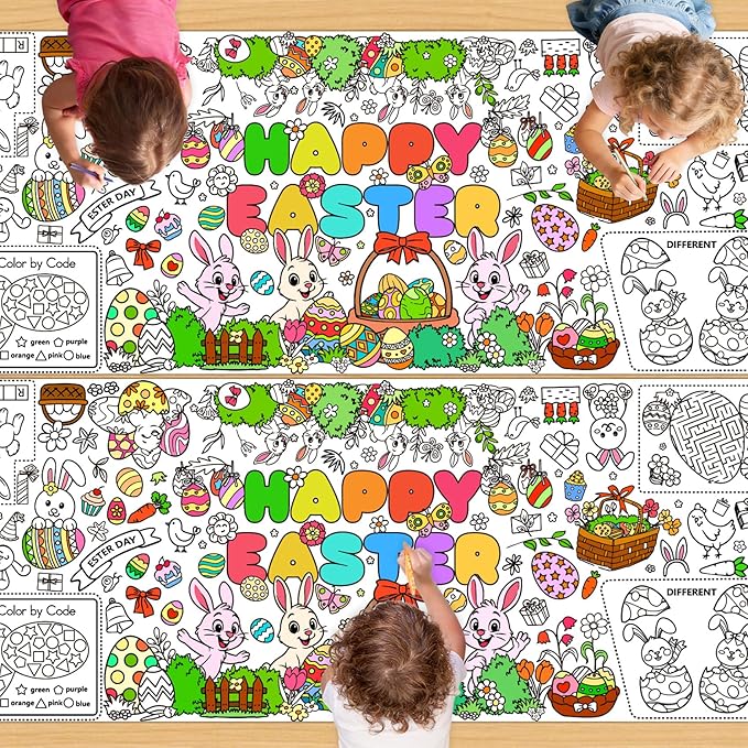 2 PCS Easter Coloring Tablecloth, Easter Crafts for Kids, 72" x 30" Giant Paper Coloring Table Cloth Banner for Gifts Activities, Fun DIY Art Easter Decorations Supplies for Family School Party Games