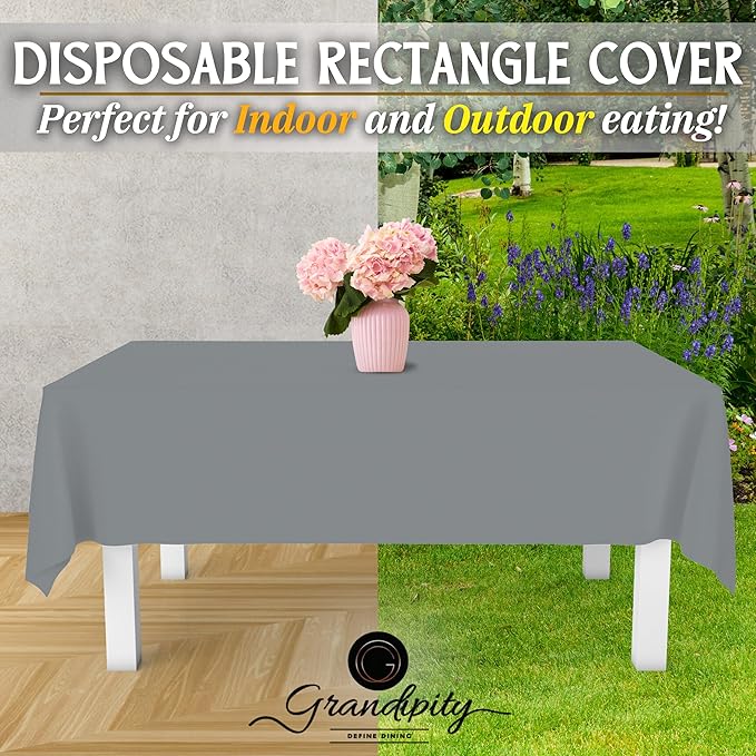 Grandipity 12 Pack Premium Disposable Plastic Tablecloth 54 Inch. x 108 Inch. Decorative Rectangle Table Cover - Silver