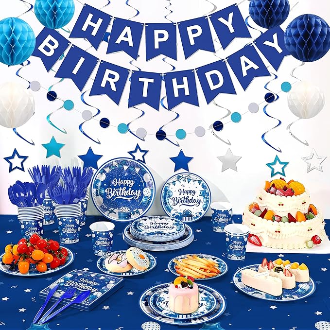 185pcs Happy Birthday Decorations Blue and Silver Plates Napkins Disposable Tableware Set Paper Cups Banner Tablecloth for Men Women Birthday Party Supplies Serves 24 Guests
