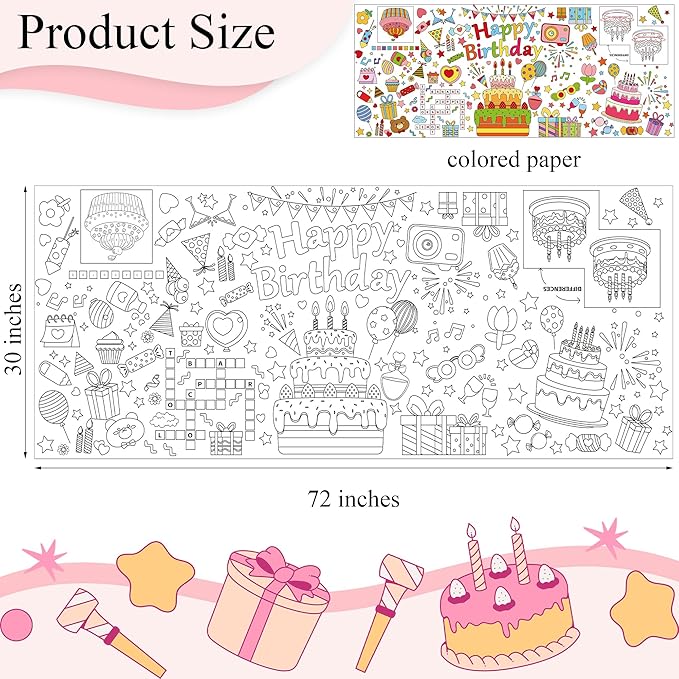 Happy Birthday Giant Coloring Poster 30 x 72 Inches Large Coloring Tablecloth for Kids School Home Party Supplies Decoration