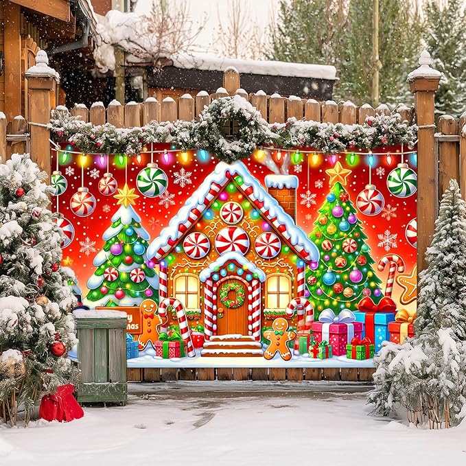 Gingerbread House Backdrop 71x43 Inches Christmas Candy Scene Banner Holiday Party Photo Background Merry Christmas Backdrop for Photography Indoor Outdoor Winter Decorations