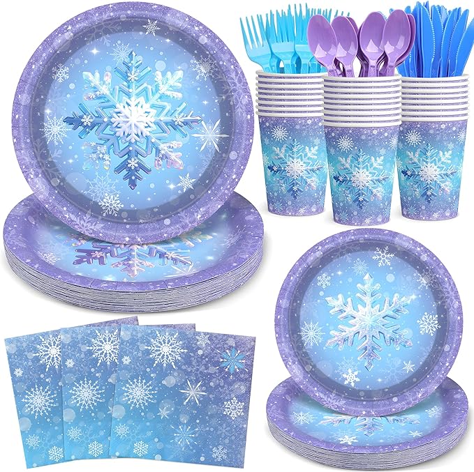 175Pcs Snowflake Paper Plates and Napkins Set - Blue Purple Christmas Themed Paper Plates, Cups, Napkins Cutlery for Winter Wonderland Holiday Decorations Birthday Wedding Party Supplies for 25 Guests