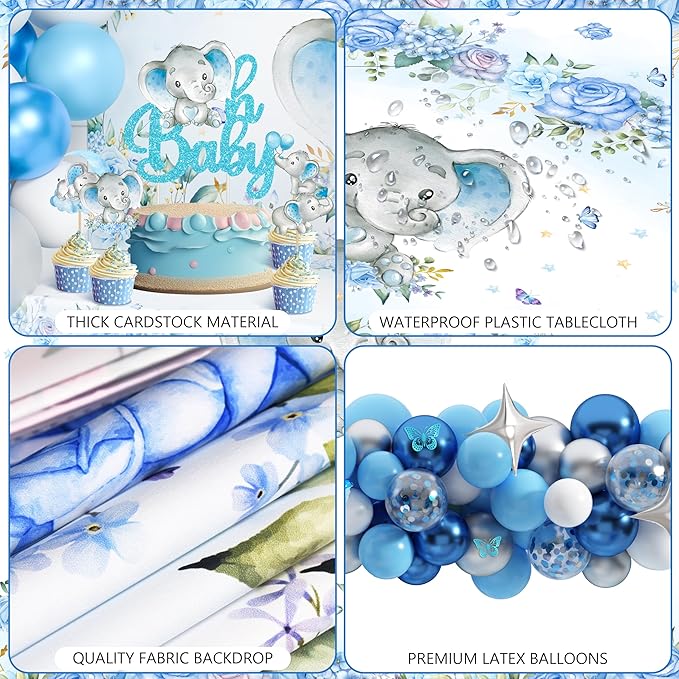 Elephant Baby Shower Decorations for Boy Elephant Themd Birthday Party Supplies Balloon Garland It's a Boy Backdrop Tablecloth Cake Toppers Foil Balloon for Baby Shower Decor