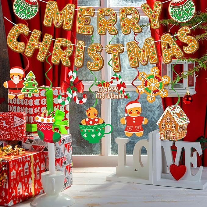 Gingerbread Man Christmas Decorations Set with Merry Christmas Banner Hanging Swirls Garland and Ceiling Streamers for Xmas Holiday Party Supplies Home Office Fireplace Decoration