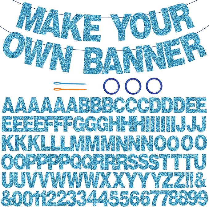 BEISHIDA 116 PCS A-Z DIY Letter Banner Kit Make Your Own Banner Glitter Sky Blue Including 111 Letters and Numbers 3 Rope and 2 Threading Device,Customized for Birthday Graduation Wedding Party Decor