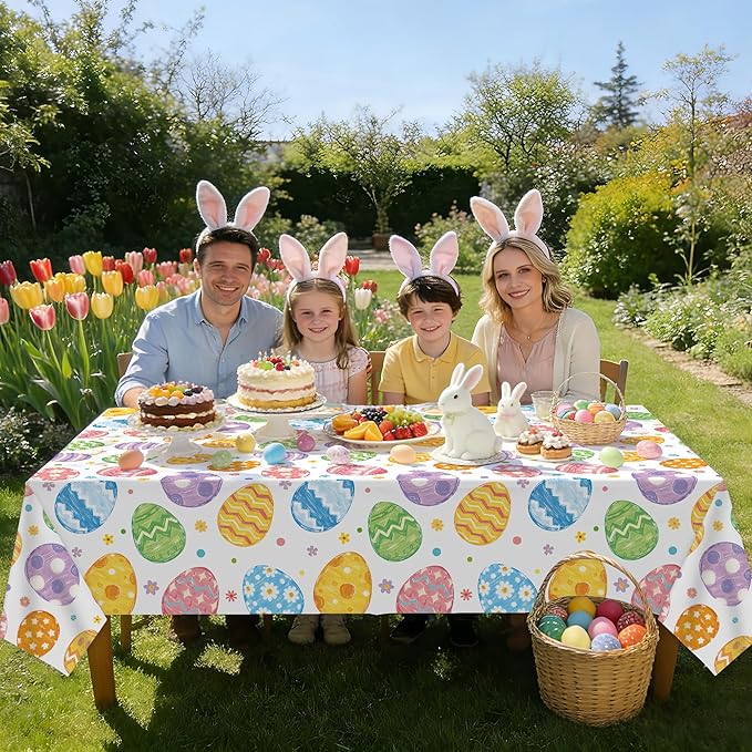4 Pack Easter Plastic Tablecloth 54 x 108 Inch Oil Painting Easter Eggs Disposable Table Cloth Colorful Eggs Flowers Rectangle Table Covers for Spring Party Tables Decoration Home Kitchen Supplies