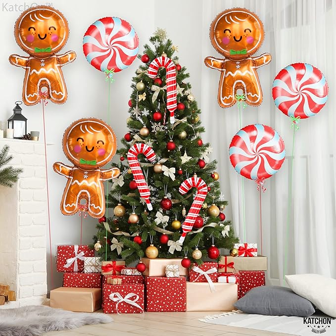 KatchOn, Gingerbread Balloons and Candy Cane Balloon - 32 Inch, Pack of 9 | Christmas Balloons for Gingerbread Christmas Decorations Indoor