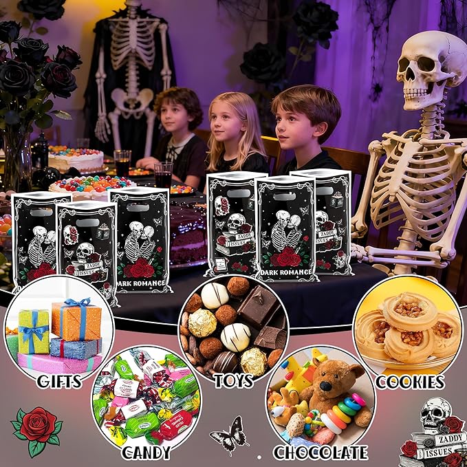 G1ngtar 50Pcs Dark Romance Book Lover Party Favor Bags - Skull Rose Black Gothic Aesthetic Goodie Candy Treat Gifts Waterproof Plastic Bags for Kids Birthday Party Decoration Supplies