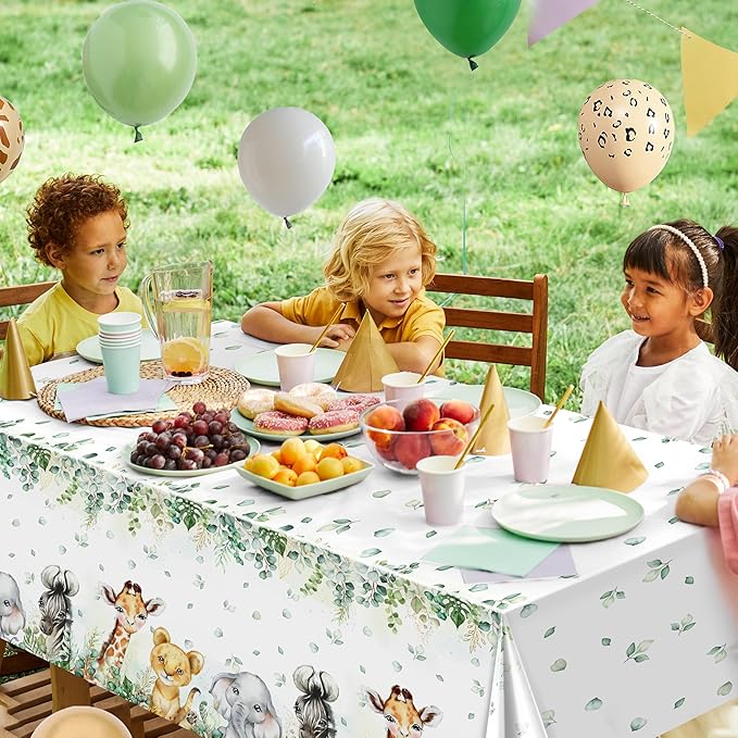 TREWAVE 3 Pcs Jungle Safari Animal Tablecloths Wild Animals Plastic Table Cover Wild Creatures Printed Tablecloth for Boy Girl Baby Shower Birthday Table Decoration Supplies, 54" x 108"