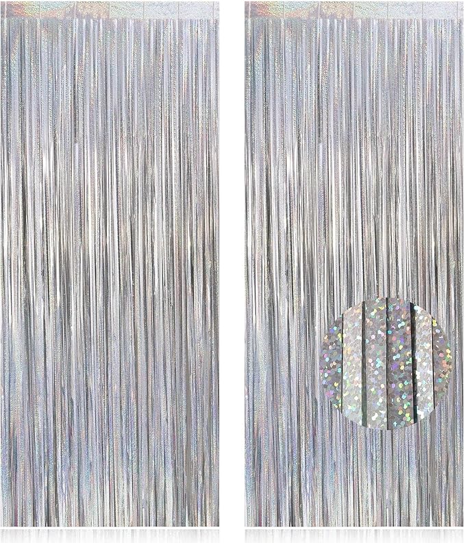 2 Pack Fringe Curtains Backdrops, Foil Fringe Curtains, Door Streamers for Birthday Wedding Bridal Shower Holiday Graduation Party Decorations, Photo Booth Backdrops, Glitter Silver