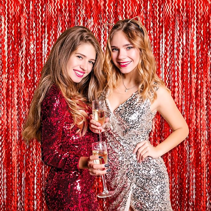 4 Pack Red Wave Foil Fringe Curtain Backdrop, 3.28Ft x 8.2Ft Metallic Tinsel Foil Fringe Streamer Curtains for Photo Booth, Mother's Day, Easter, Birthday, Wedding Party Decoration