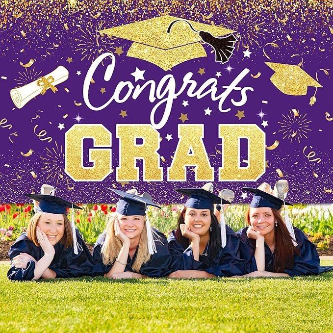 Graduation Party Decorations - Purple Gold Congrats Grad Class of 2026 Backdrop Banner Large Sign Wall Decorations Photography Background Party Supplies for 2026 Graduation Party Decorations