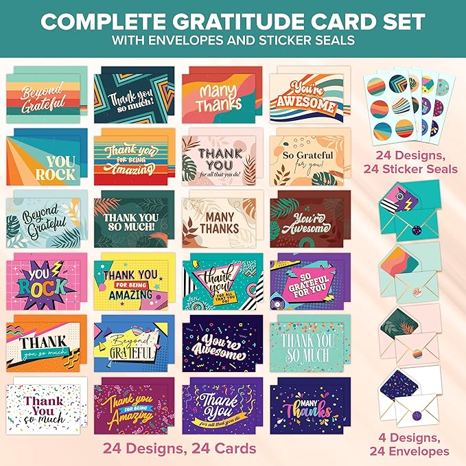 Decorably 24 Pack 6x4in Gratitude Assorted Thank You Cards Variety Pack with Envelopes and Stickers, 8 Colorful Designs for Friends, Loved Ones, Coworkers, Teachers, Blank Inside - All Occasions