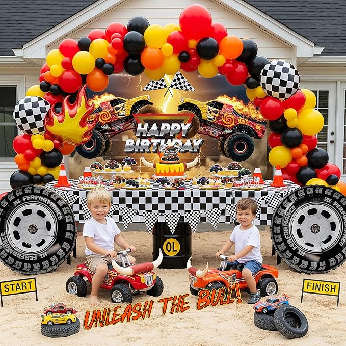 Monster Truck Birthday Decorations include Red Orange Yellow Balloons Ribbon Arch Cake Paper Card Toppers Tablecloth Backdrop Truck Birthday Decor for Boys Racing Party Decoration Supplies