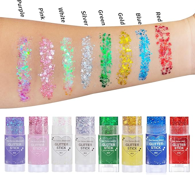 Rainbow White Hair Glitter Stick for Kids,Mermaid Fairy Costume Body Face Glitter, Singer Concert Cosplay Glitter Makeup,Waterproof Sequins Rave Accessories,Mardi Gras Outfit for Women