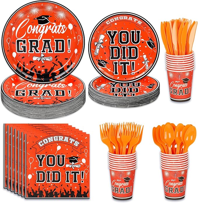 175PCS Graduation Plates and Napkins Set 2026 Graduation Party Supplies Tableware Set Include Paper Plate Napkin Cup Knife Fork Spoon for Grad Party Decor Serve25 (Orange and Black)