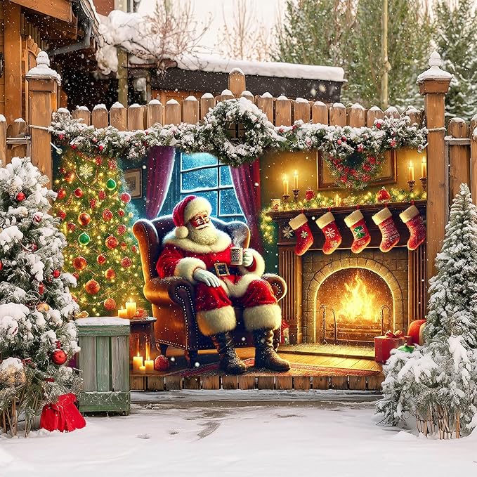 Christmas Banner Santa Claus Fireplace Tree Holiday Wall Decoration Warm Cozy Living Room Scene Background Indoor Outdoor Party Decor for Home 71 X 43 Inches