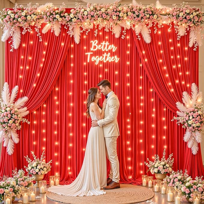 20 x 10 ft Red Backdrop Curtains with Lights String for Wedding Polyester Photo Backdrop Drapes Wrinkle Free Red Long Curtains for Birthday Parties Reception Baby Shower Ceremony-10 x 5ft x 4 Panels