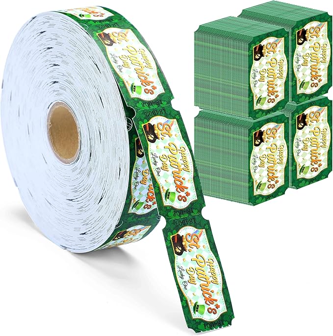 Cholemy 1000 Pcs St. Patrick's Day Party Favors Shamrocks Raffle Tickets Roll Green Numbered Door Drinks Game Ticket for Irish Saint Patty's Day Carnival Party Decorations Supplies(st. Patrick's Day)