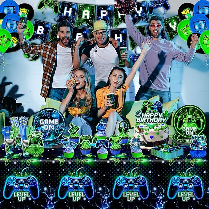 Video Game Birthday Party Decorations for Boy, Neon Gamer Party Tableware Set with 24PCS Plates Cups Napkins, Banner Tablecloth, Balloons, Game Level Up Theme Decor Serves 24
