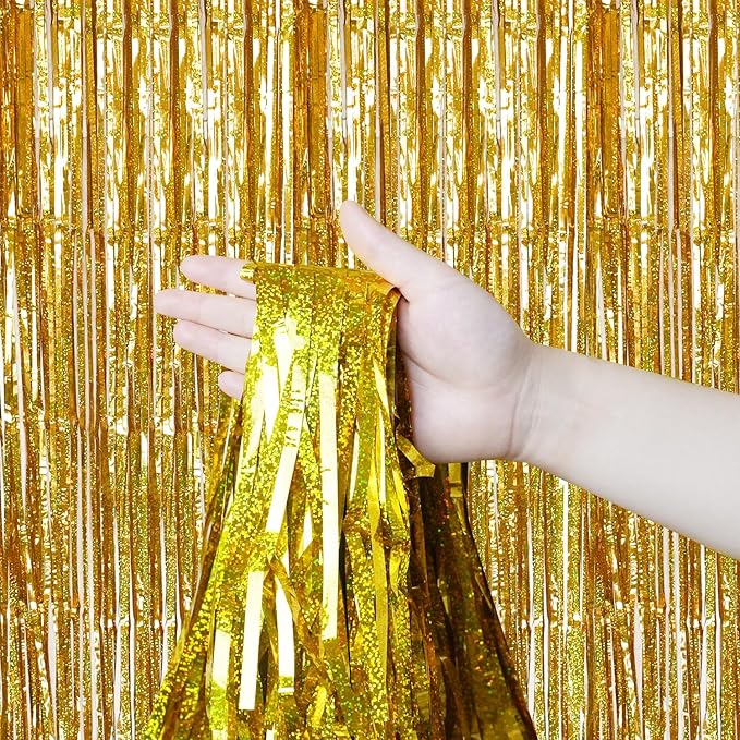 QRabbit 4 Pack Foil Fringe Curtains, Gold Metallic Tinsel Party Streamers Curtains, Backdrop Curtain for Birthday Graduation Engagement Wedding Bachelorette Baby Shower Party Decorations