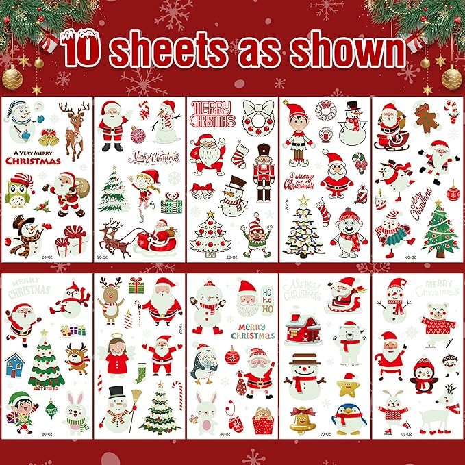 10 Sheets Luminous Christmas Tattoos, Christmas Temporary Tattoos, Bulk Stocking Stuffers, Merry Xmas Party Decorations Supplies, Xmas Goodie Bag Stuffers Candy