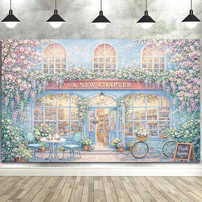 20X10ft A New Chapter Begins Backdrop Bridal Shower Blue Floral Book Shop Wedding Engagement Photography Background Bridal Shower Party Decoration Supplies Cake Table Photo Booth Studio Props