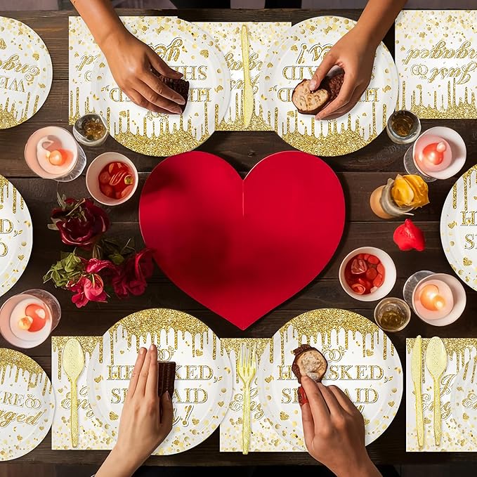 140Pcs Engagement Party Decorations He Asked She Said Yes Decorations Happy Engagement Plates and Napkins Tableware Set Wedding Proposal Decor Serves 20 Guests