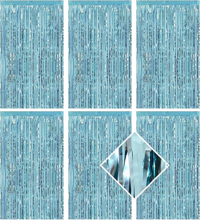 6 Pack Blue Foil Curtain Backdrop 3.2ft x 6.6ft Metallic Tinsel Fringe Backdrop Curtains Streamer Photo Booth for Birthday Engagement Bachelorette Christmas Holiday Party Decorations